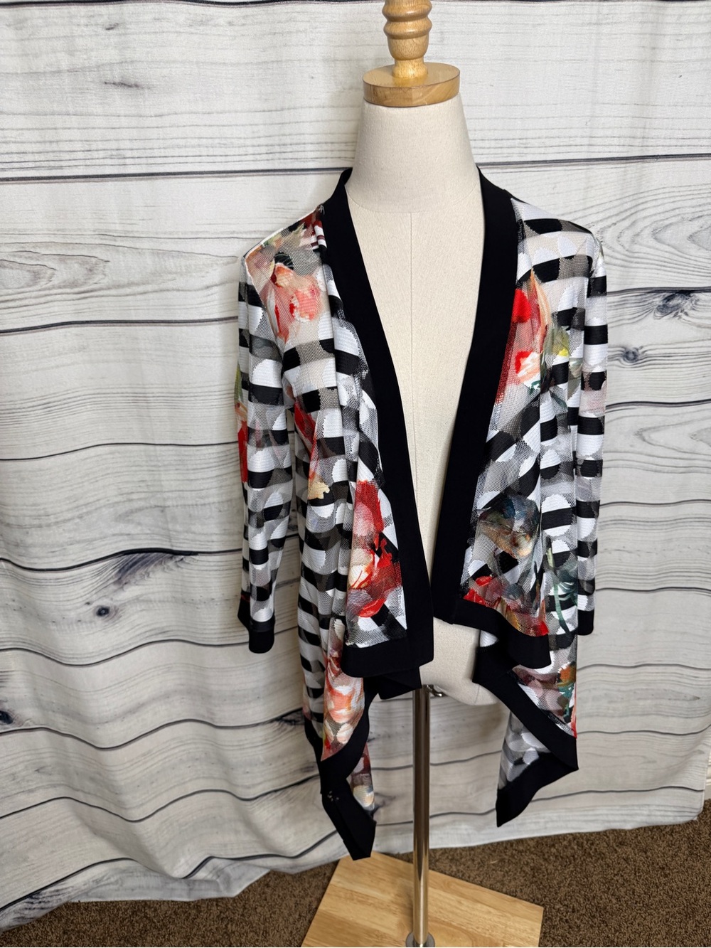 Frank Lyman Design Black & White Striped Floral Open Cardigan